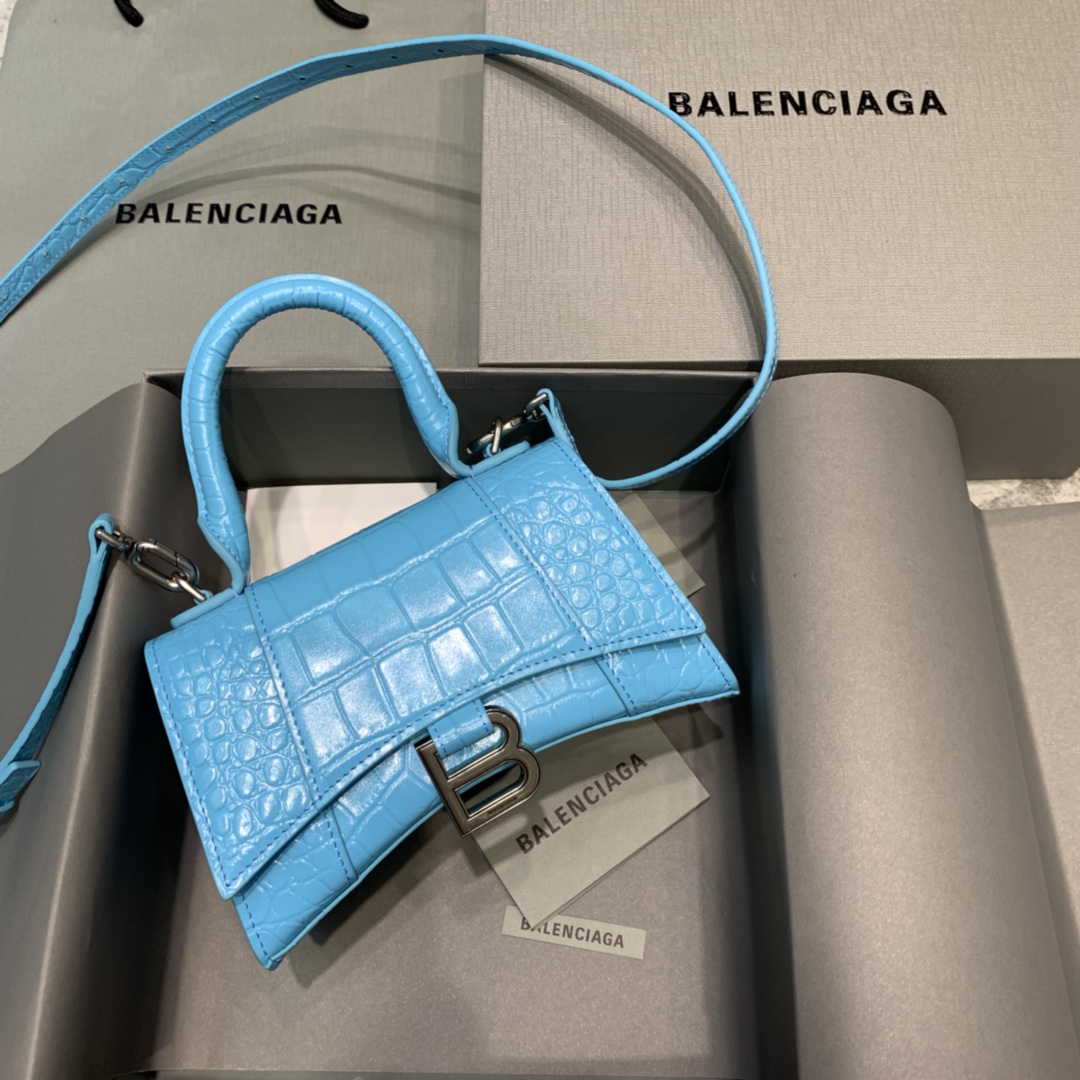 Balenciaga Hourglass XS Handbag Crocodile Embossed Shoulder Bag Sky Blue